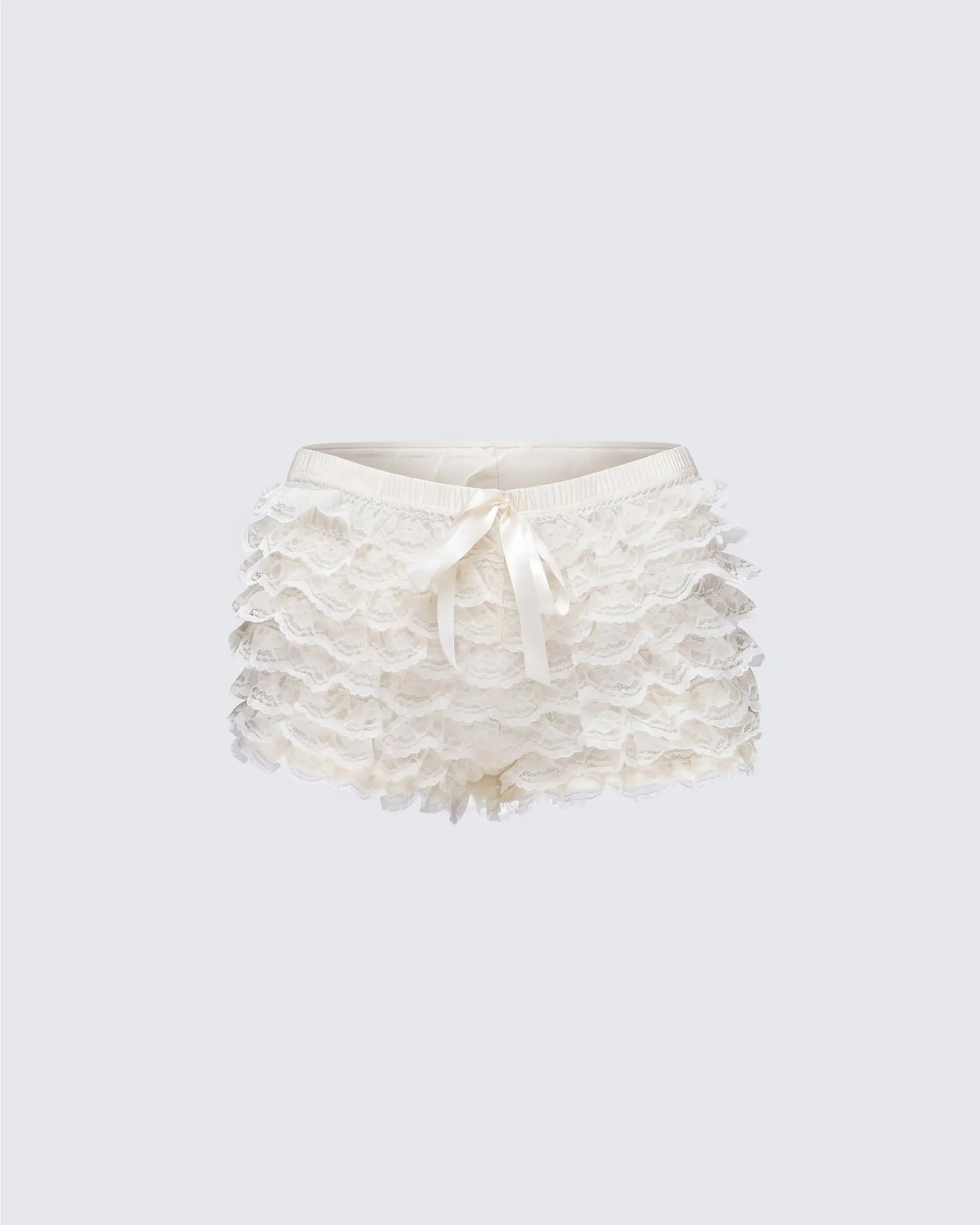 Women's Ruffled Lacy Shorts, Ivory Tiered Layer Micro Bloomers with an Adjustable Low-Rise Drawstring Tie, Adjustable Low-Rise Shorts