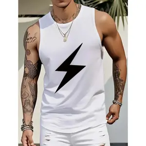 Men's 100% Cotton Sleeveless Vest - Breathable Loose Fit Athletic Tank Top with Black Lightning Bolt Graphic Print, Medium Stretch Fabric for Summer Gym, Casual & Outdoor Activities, Gym Shirt