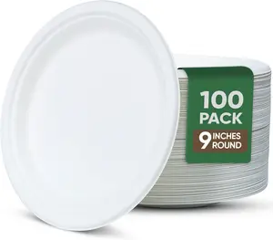 9 Inch Round Paper Plates 100 Pack 100% Compostable Dinnerware Leak & Grease Resistant Disposable for Parties Microwavable Bulk Eco-Friendly White