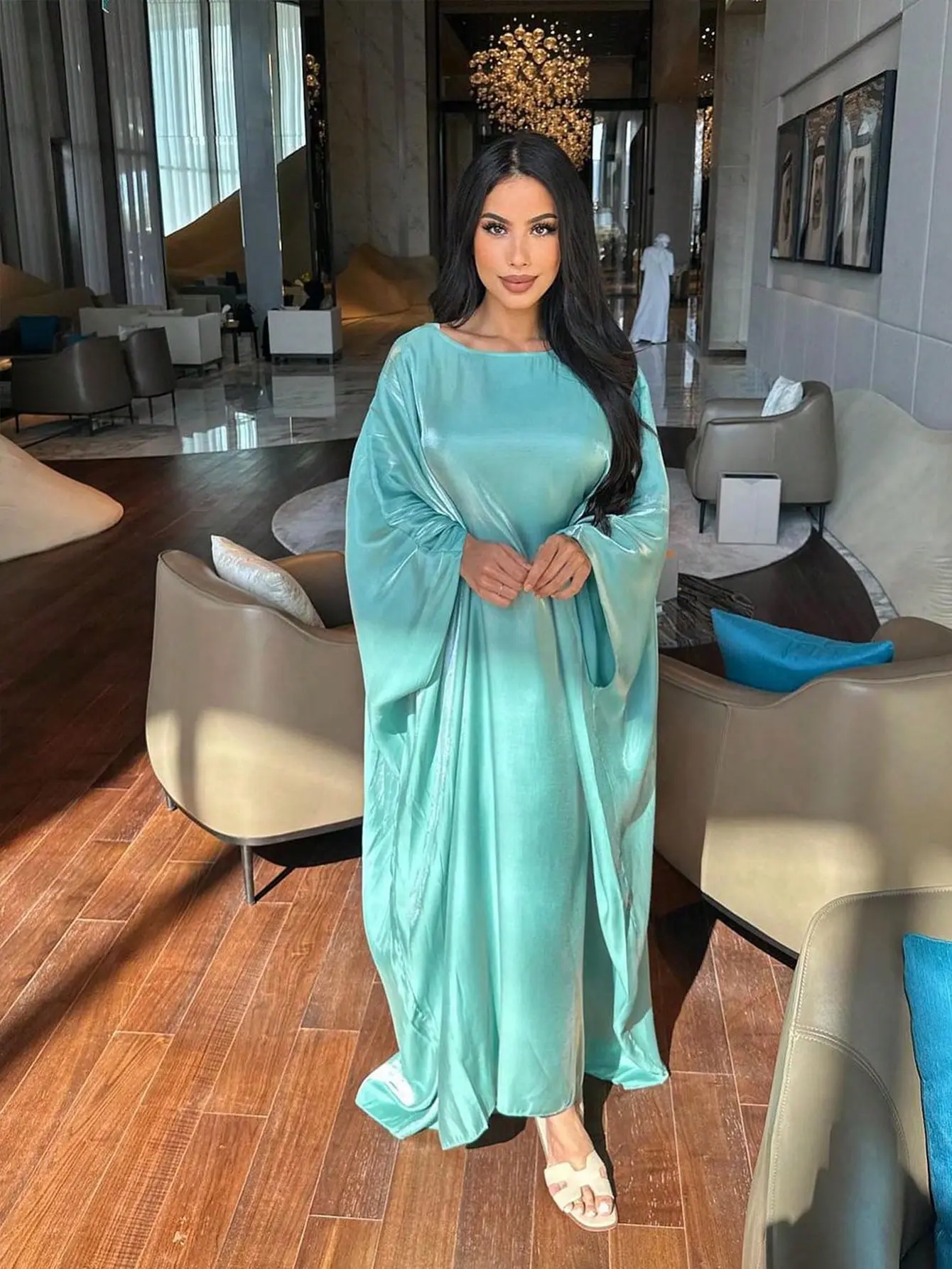 MQ104(1‑Piece Shiny Turquoise Satin Batwing Sleeve Abaya, Elegant Modest Muslim Maxi Dress)