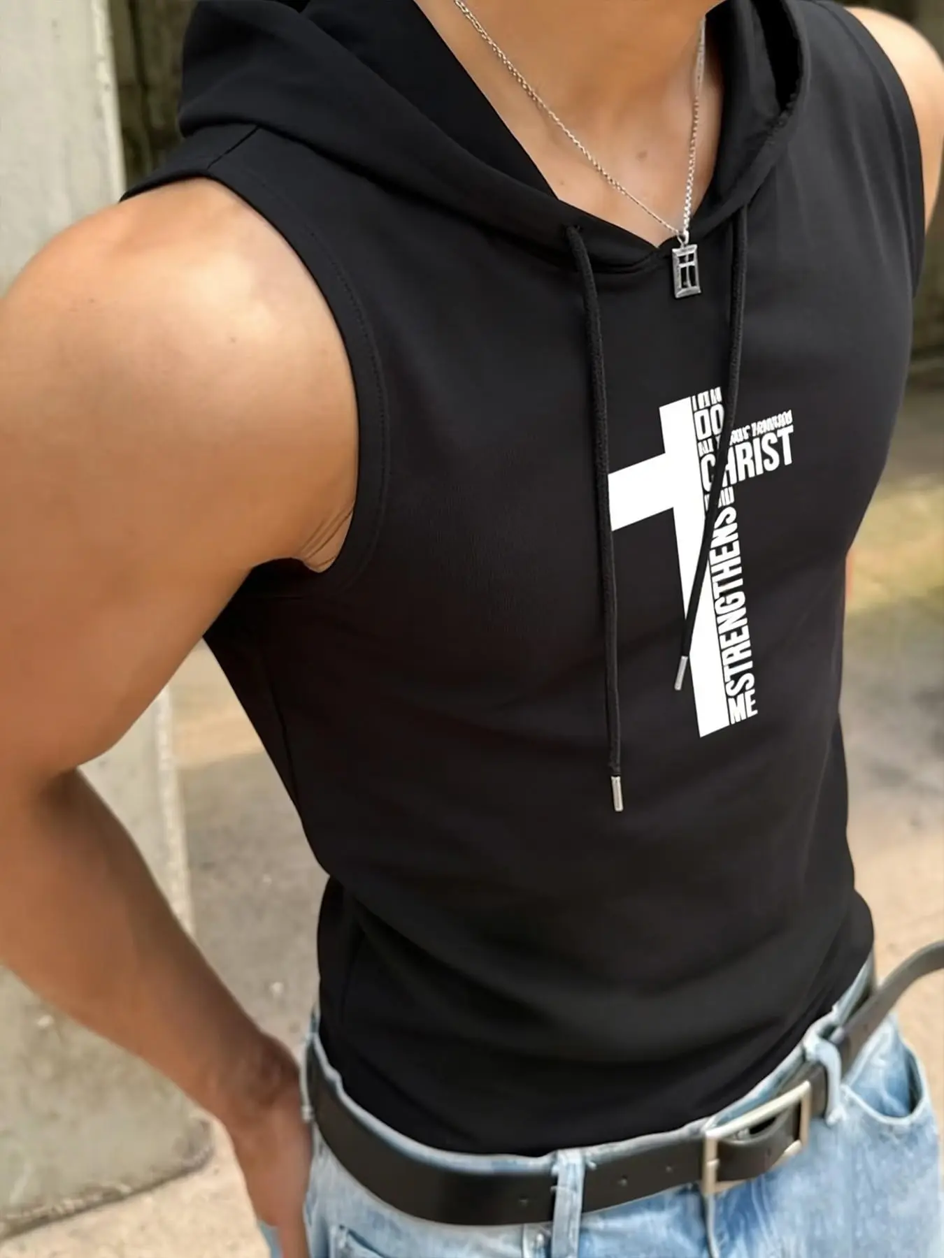 Men's Fitted Sleeveless Activewear Hoodie Vest, in Christ Cross Letter Print, Faith Hardcore Style, Versatile, Sports Coolness, Fitness Training, Daily Wear, Casual Sporty Vest