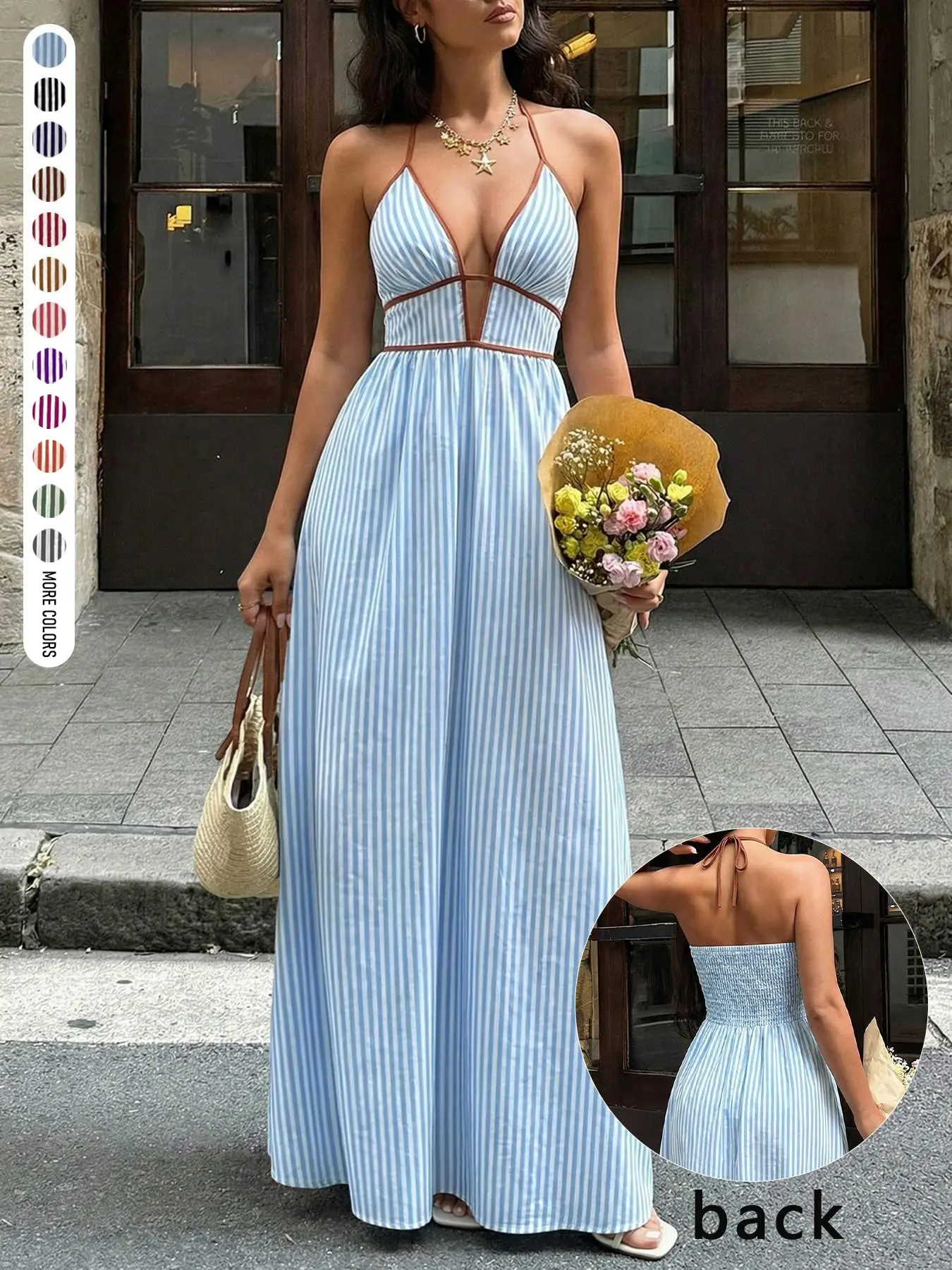 Women's Summer Vintage Chic Striped Cutout Backless Tie Neck Deep V Maxi Dress, Casual Elegant Sleeveless Fitted Dress for Home Outdoor City Womenswear Casual Fashionable Dress