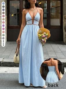 Women's Summer Vintage Striped Backless Tie Neck Deep V Maxi Dress, Casual Elegant Sleeveless Fitted Dress for Home Outdoor City