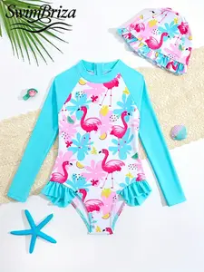 Briza｜Long Sleeve Ruffle One Piece Swimsuit In Aqua Flamingo Floral Print With Matching Hat And Swim Shirt Coverage As A One Piece Bathing Suit For Pool Play And A Bathingsuit For Beach Days Plus Bathing Suits For The Summer Vacation Ready