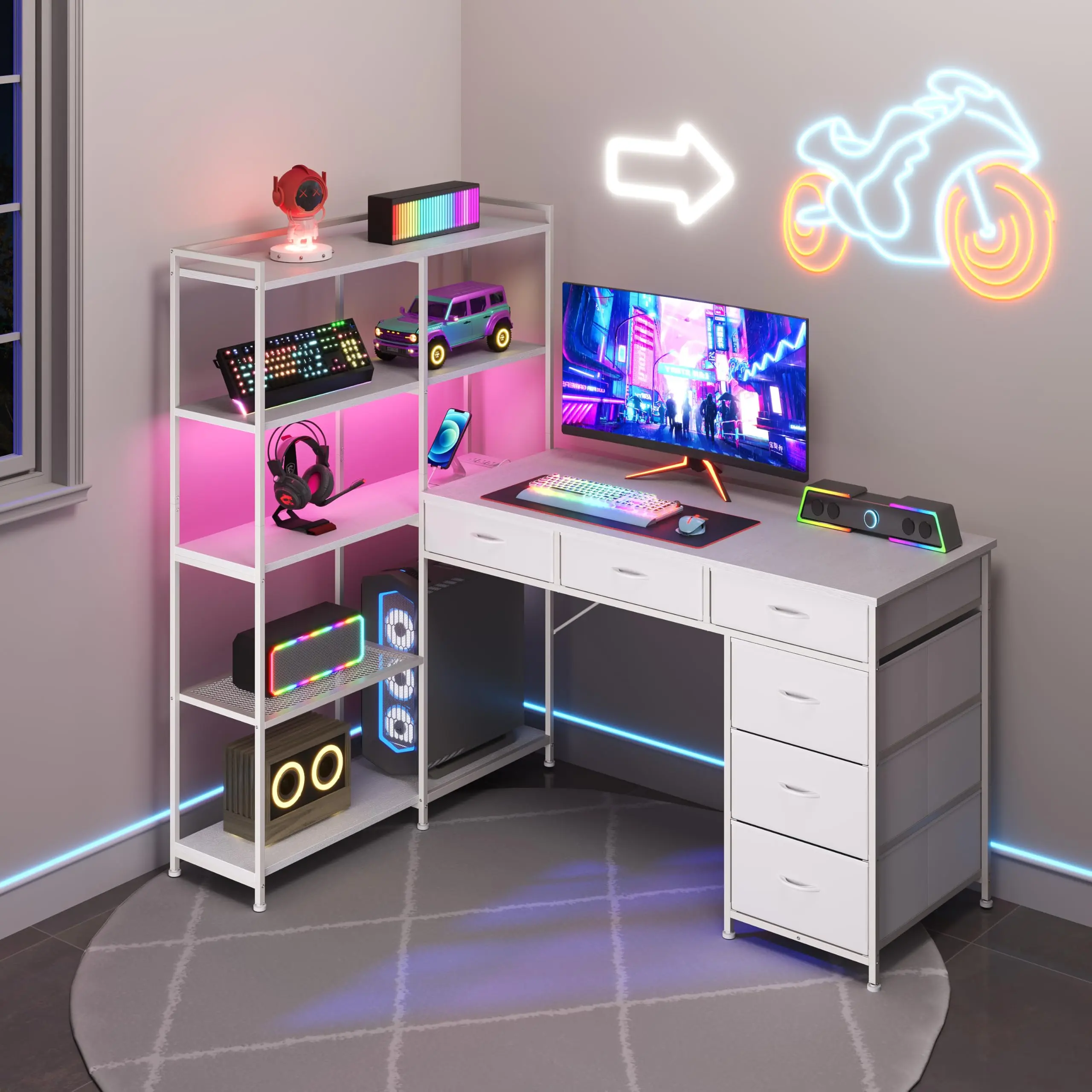 Garvee L-Shaped Gaming Computer Desk - Modern Office Furniture, Space Saving Desk Setup with 6 Fabric Multiple Drawers, Storage Shelves, Power Outlets, RGB Light, 58.3"l*54.3"h Home Office PC Table