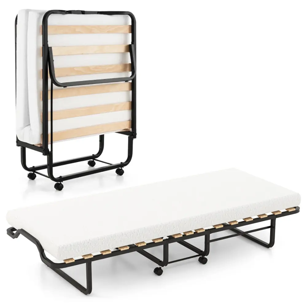 RESENKOS Luxury Twin Size Compact Folding Bed - 4-Inch Memory Foam Mattress, Sturdy Metal & Wood Frame, Heavy-Duty Lightweight Modular Foldable Rollaway Guest Bed, Easy-to-Store Italian Indoor Furniture, Compact Folding Beds, Fold Beds