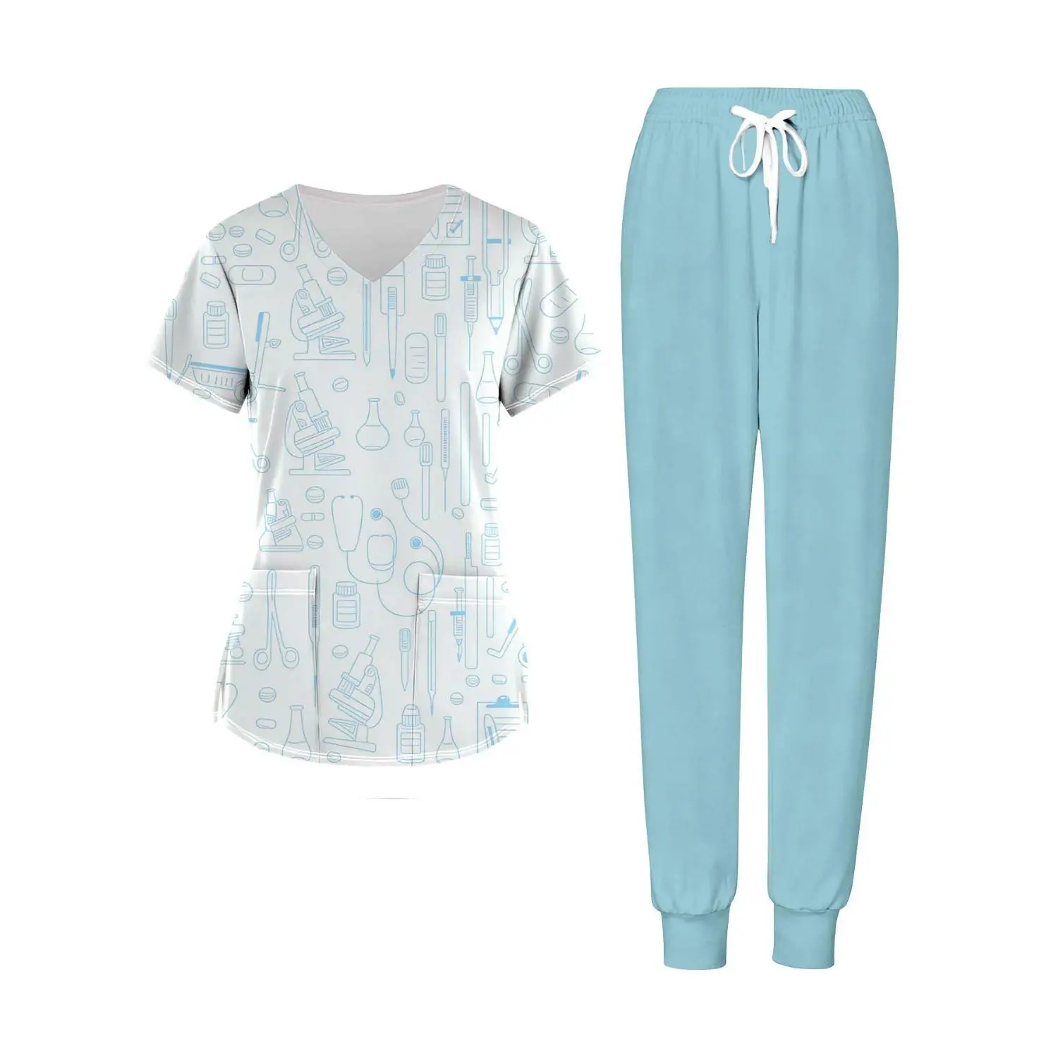 Women's Plus Size 2-Piece Light Blue Patterned Nurse Scrub Set with V-Neck Top and Pants - Ideal for Casual Wear