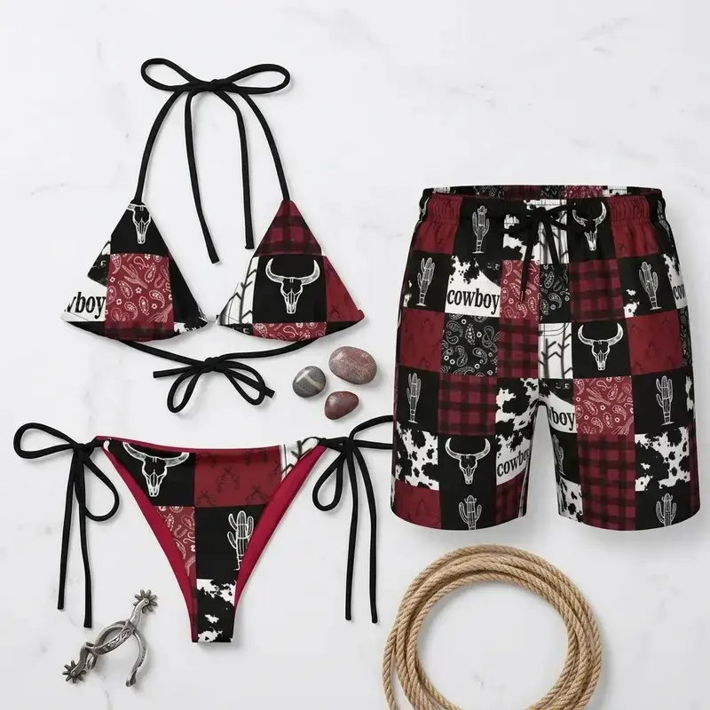 Matching Couple Denim Patchwork Swimwear Set – Western Print Triangle Bikini & Men’s Swim Trunks, Bandana Style Beach Outfit