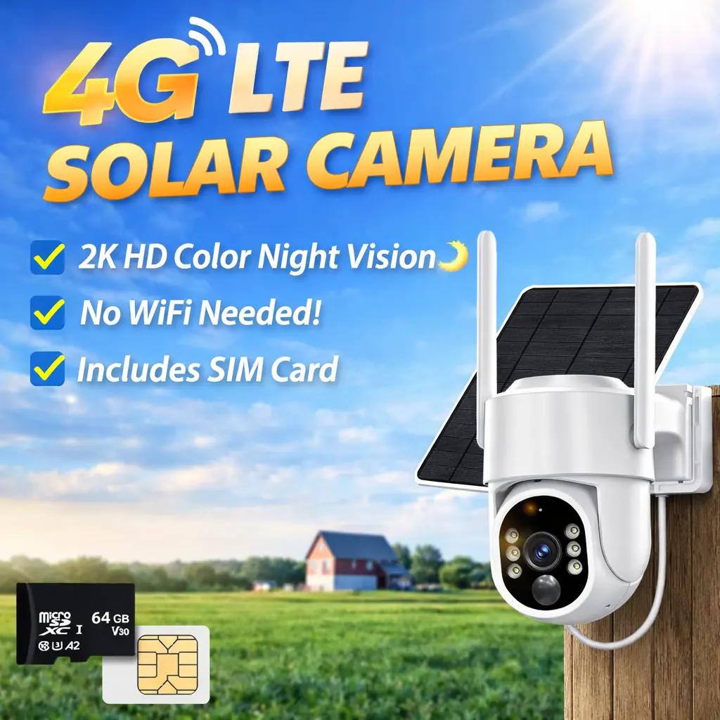 4G LTE Cellular Solar Security Camera Wireless Outdoor, 2K Cameras for Home Security, No WiFi Security Camera Solar Powered, Color Night Vision, Human Detection, Include SIM Card