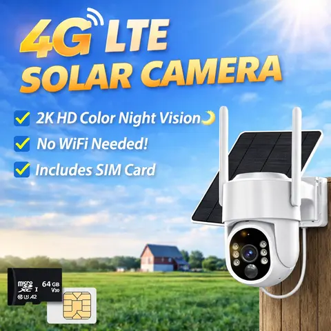 2K 4G LTE Cellular Solar Wireless Outdoor Security Camera, No WiFi Home Security Camera with Color Night Vision, Human Detection, 2-Way Audio, Micro SD TF Slot, Includes SIM Card