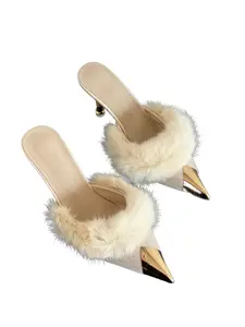 Pointed Toe Plush Women's High Heel Shoes, Metal Toe Slim Heel Slip on mules Mules, Perfect for Parties, Summer Wear, Comfortable and Stylish