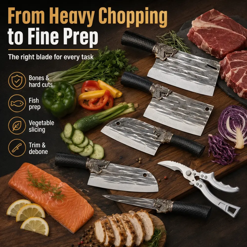 Household 7-Piece Premium Forged Kitchen Knife Set, 6 Stainless Steel Cleavers & Specialty Knives with Heavy-Duty Kitchen Shears, Dragon-Head Textured Handles, Meat Fish Vegetable Prep Set, Luxury Holiday Party Gift for Home Cooks