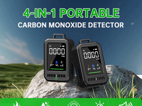4-in-1 Portable Carbon Monoxide Detector, Audible & Visual Alerts, Magnetic Lanyard, LED Light, 220H Standby, Black