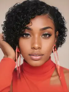 13x1 T Part Transparent Lace Wig Curly Wave Deep Wave Wig Pixie Cut Human Hair Wig for Women Halloween Wig 150% Density 6 Inch Kinky Curly Wig