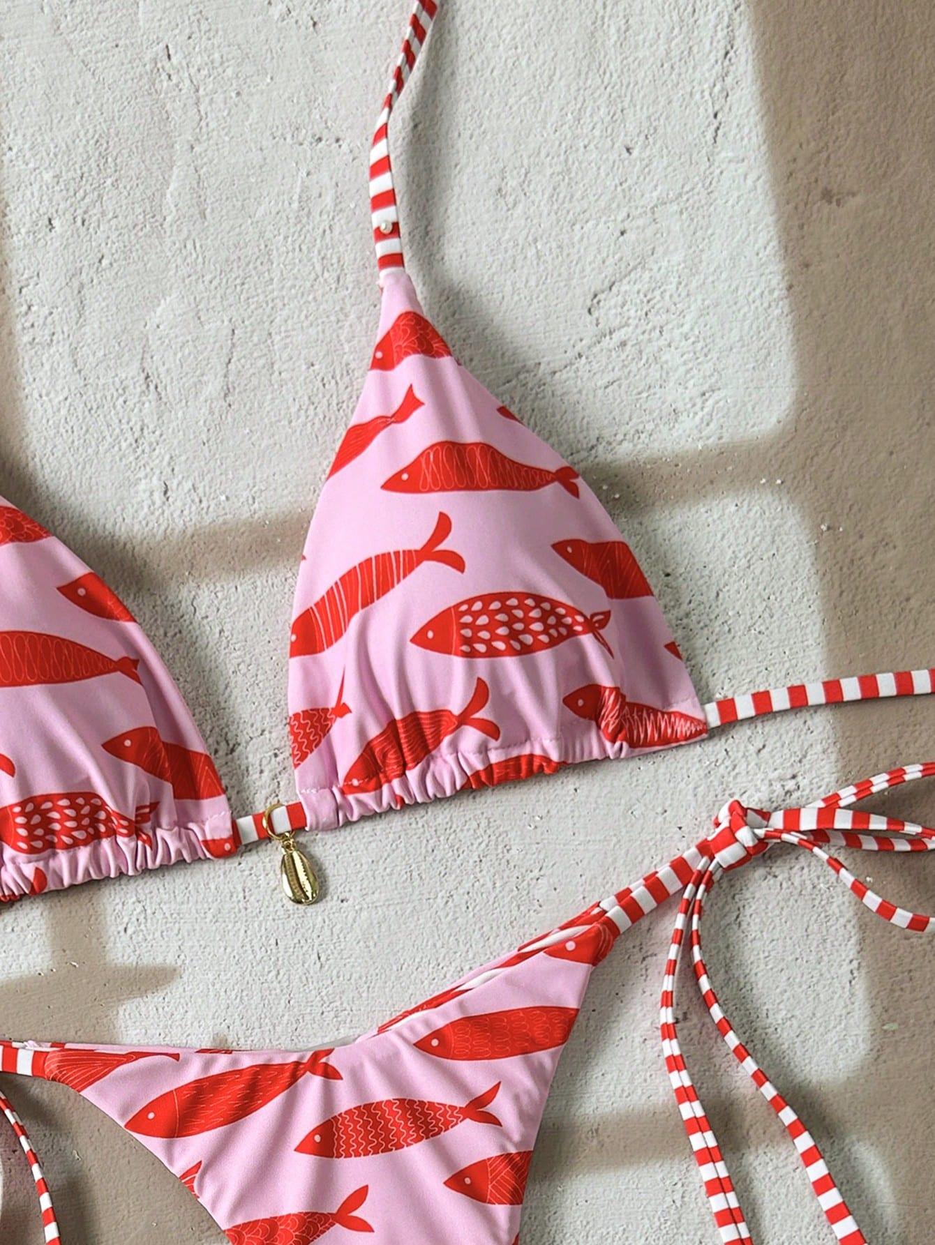 Bikini Set Halter Tie Triangle All-Over Print Beach Vacation Summer