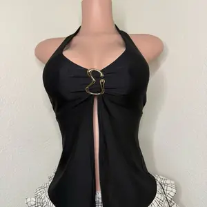 Elegant Black Halter Top with Gold Buckle Detail and Front Zipper Closure for Women