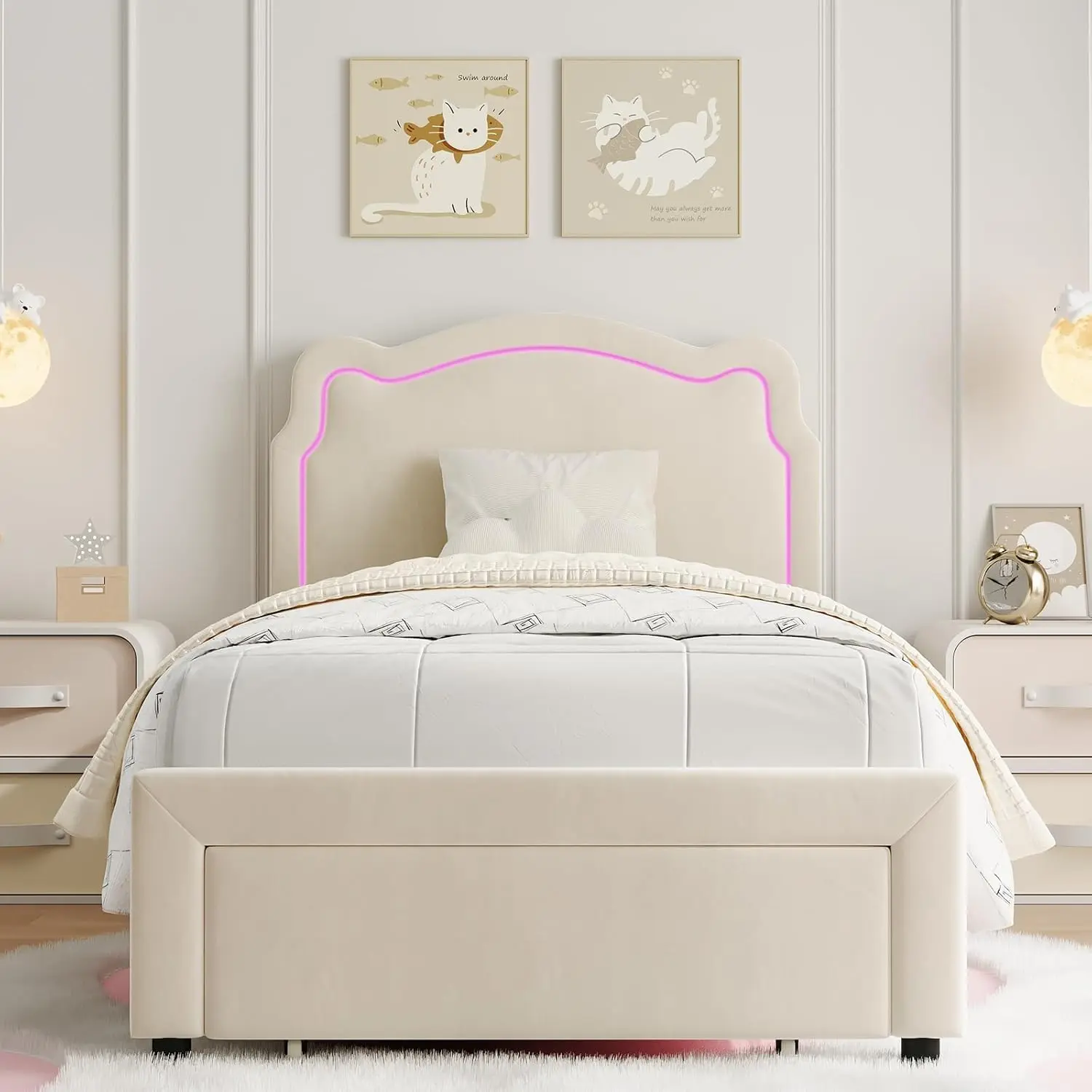 Garvee Twin Size Luxury Velvet Princess Platform Bed Frame - Smart LED Headboard, Built-in Storage Drawer, Wooden Slats Support, No Box Spring Needed, Cozy Upholstered Bed for Bedroom