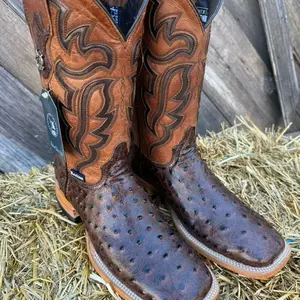 Men's Rockem Cowboy Boots with Intricate Ostrich Leather Overlay and Durable Sole for Western Style