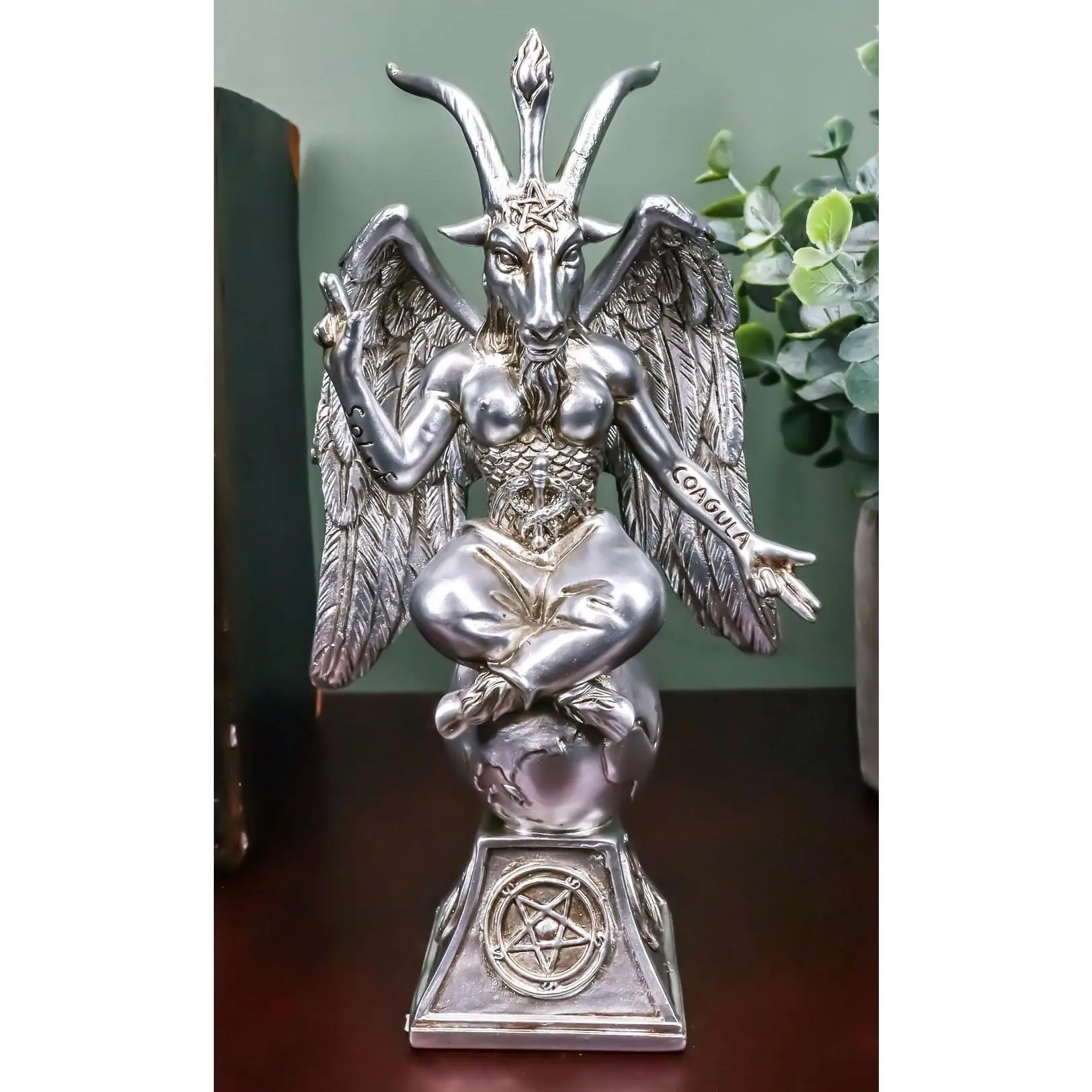 Antiqued Silver Finish Sabbatic Goat Idol Baphomet Pentagram Figurine 6.5"H