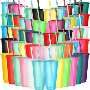 60 Pack Tumbler with Straw and Lid Bulk Cups for Gifts Glitter Plastic Coffee Cups 24-27 oz  Water Bottle Iced Coffee Travel Mug Party Favors for Birthdays Travel (Assorted Color)