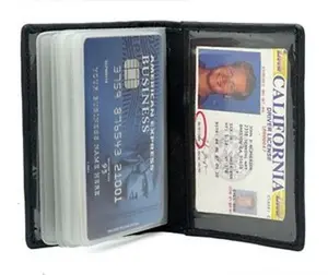 Black Leather Business Card ID Wallet Pocket Organizer Clear Sleeve Insert