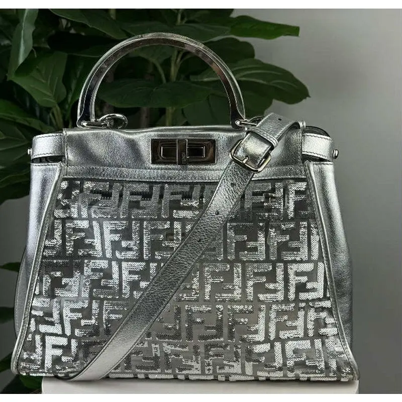 Pre-owned Leather Shoulder Bags Authentic Fendi Peekaboo Medium Satchel Collector's Item Limited Edition Shoulder Bag with Mirror Sequin, PVC Accents, Good to Excellent Condition, Shoulder Bags