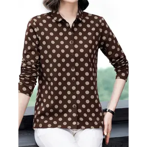 Women's Navy & Polka Dot Long Sleeve Shirt - Relaxed H-Line Fit, Mid-Stretch Fabric, Machine Washable, Elegant Casual Autumn Top for Office Attire baby tee