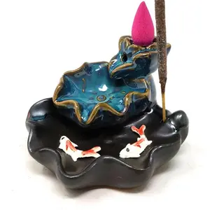 Waterfall Koi Design #4 Backflow Cone Incense Burner 3.75"W x 3"H