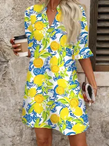 Lemon V-Neck Short Sleeve Summer Dress, Casual Chic Everyday Midi Dress for Women, Lightweight & Breathable Fabric, Perfect for Daily Wear