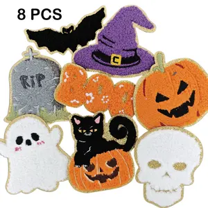 8PCS Chenille Black Cat Embroidered Patches Iron on Chenille Appliques