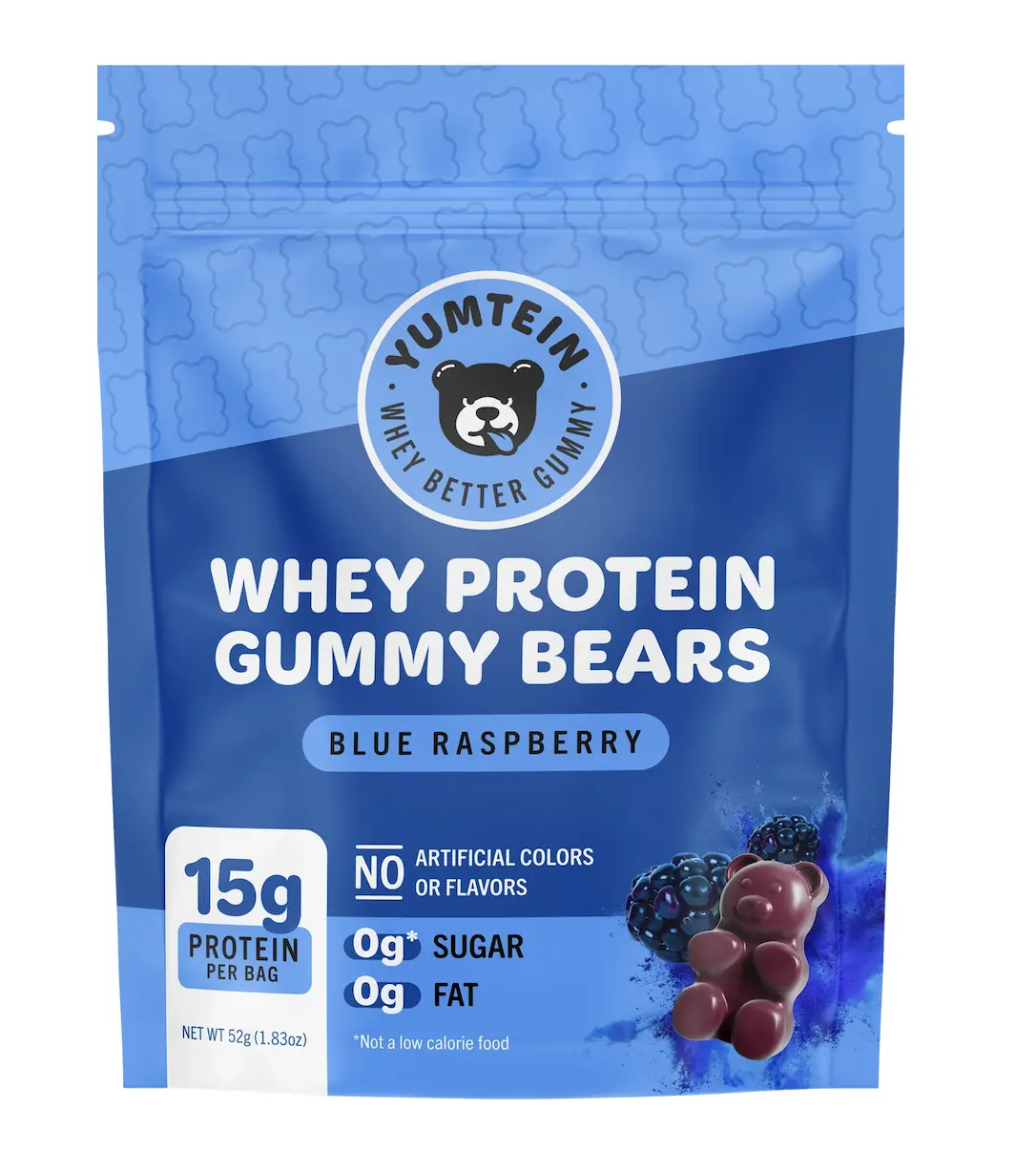 Yumtein Blue Raspberry Natural Chewable Sugar-Free Halal Dietary Fitness Supplement Protein Gummy Bears for Adults - 1.81oz, 10-19g, Muscle Support, Natural Colors, Energy Boost, Build Gains