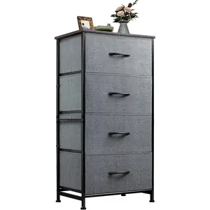 Tall Fabric Storage Dresser Tower, Dresser with 4 Drawers, Storage Tower, Organizer Unit, Fabric Dresser for Bedroom, Hallway, Entryway, Closets, Sturdy Steel Frame, Wood Top, Easy Pull Handle, Dark Grey