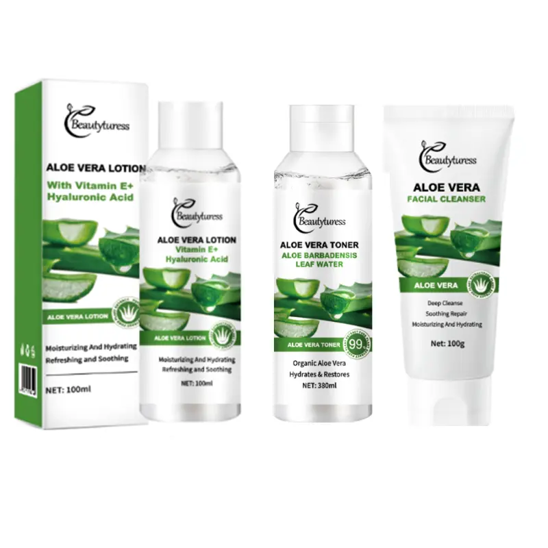3-Piece Set Aloe Vera Cleanser, Toner & Moisturizing Lotion | Beautyturess Autumn/Winter Must-Have | Aloe Vera & Hyaluronic Acid | Hydrating Care | Mild Formula | Suitable for All Skin Types | Family Size · Home Use