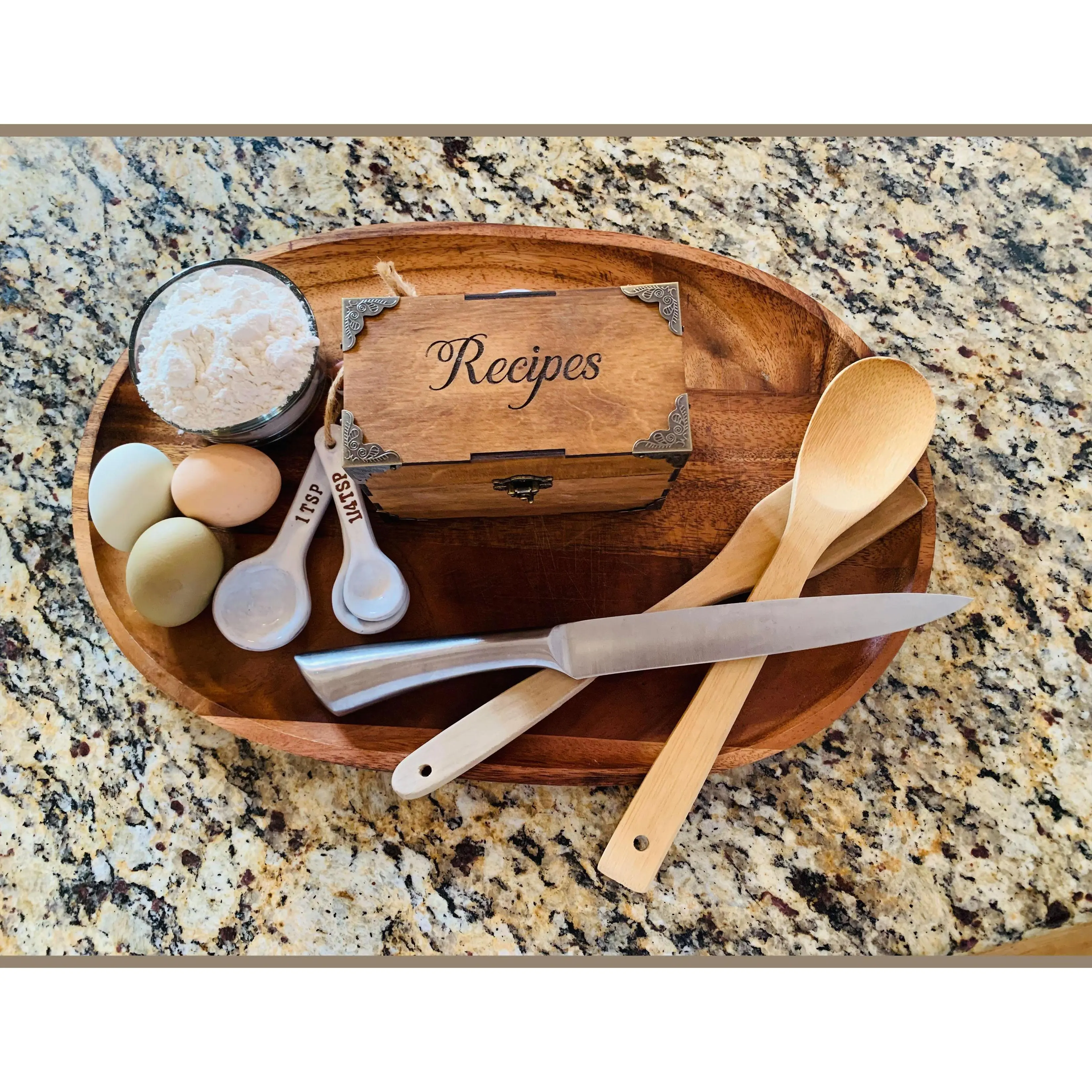 Handmade wooden Recipe Box with metallic accents and 6 wooden and engraved divid