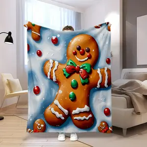 Gingerbread Man Printed Cute Cartoon Plush Blanket Suitable for All Seasons, Soft and Comfortable Sofa Mattress Office Outdoor Blanket Camping Travel Home Blanket Black Friday Christmas Gift A223
