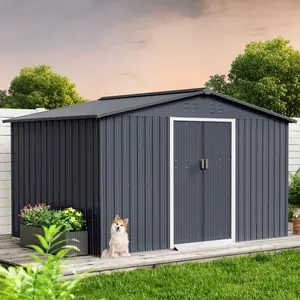 GARVEE 10x12 Ft Metal Storage Shed with Pitched Roof & Lockable Door, Outdoor Weatherproof Yard Tool Storage Shed for Organizing Bike, Lawn Mower, Tools and Equipment in Backyard, Yard, Lawn, Grey