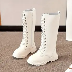 Girls' Autumn Winter Zipper High-Top Boots - Knee-Length Round Toe Boots with Contrast Stitching, Brown & Black Casual & Formal Footwear, Cowgirl Boots, Stylish Outerwear Footwear, Durable Rubber Sole