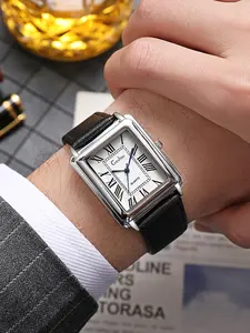 Men's Casual Quartz Watch with Leather Strap, Square Face Design, Fashionable Wristwatch for Daily Wear, Perfect Gift Idea