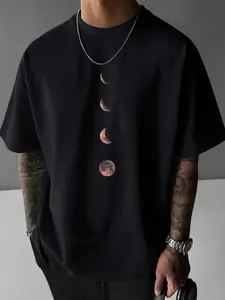 Men's Moon Phase Pattern T-Shirt, Cream Color Casual Loose Short Sleeve, Unique Moon Design, Soft Polyester Fabric, Artistic Print Tee
