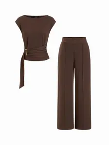 Cider Boat Neck Metal Detail Belted Ruched Top & Mid Rise Straight Leg Trousers Set