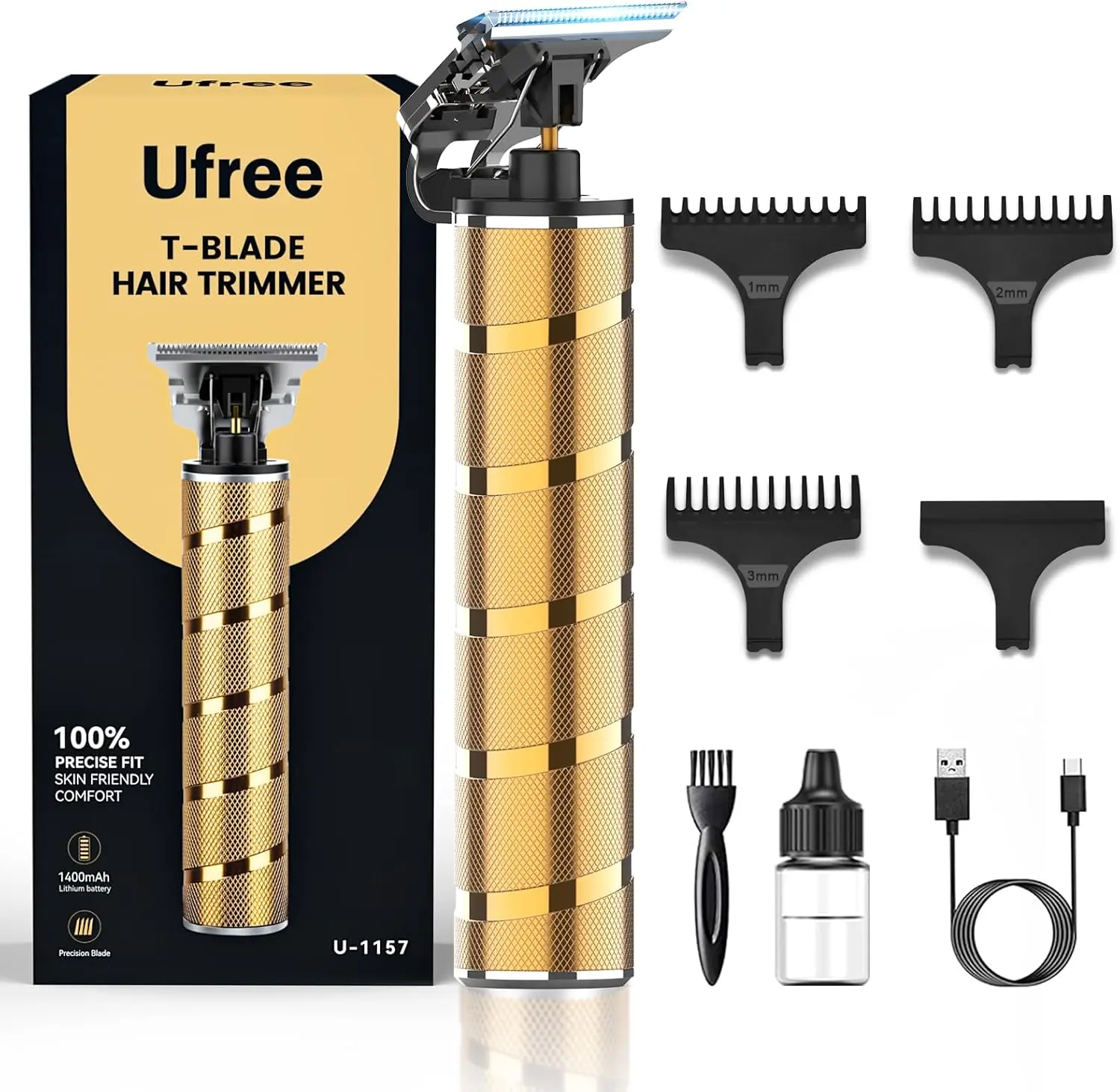 Ufree Professional Titanium Men's Electric Trimmer - T-Blade Precise Cut Edger, 6500-7000 rpm Quiet Motor Barber Clippers, Rinse Afteruse Single Unit for Beard Grooming, Ideal Male Gift