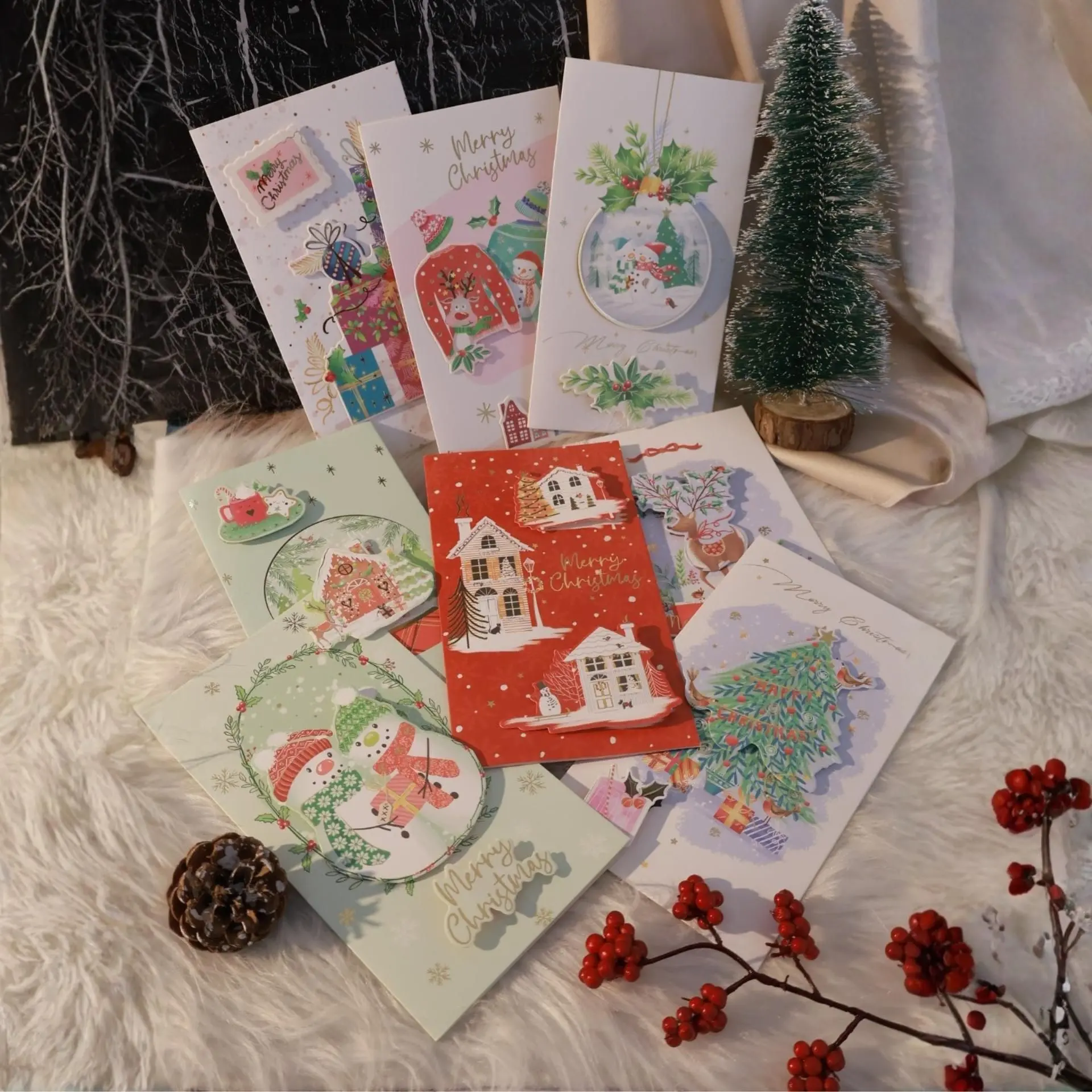 Premium Pop-Up Christmas Card Set (8pcs) – Exquisite 3D Details & Festive Designs