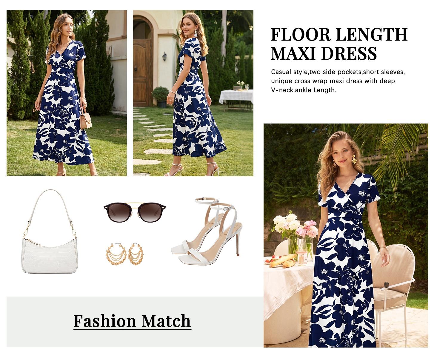 AUSELILY Maxi Dresses for Women V neck Ankle Length Floral Print Beach Long Flowy Dress with Pockets
