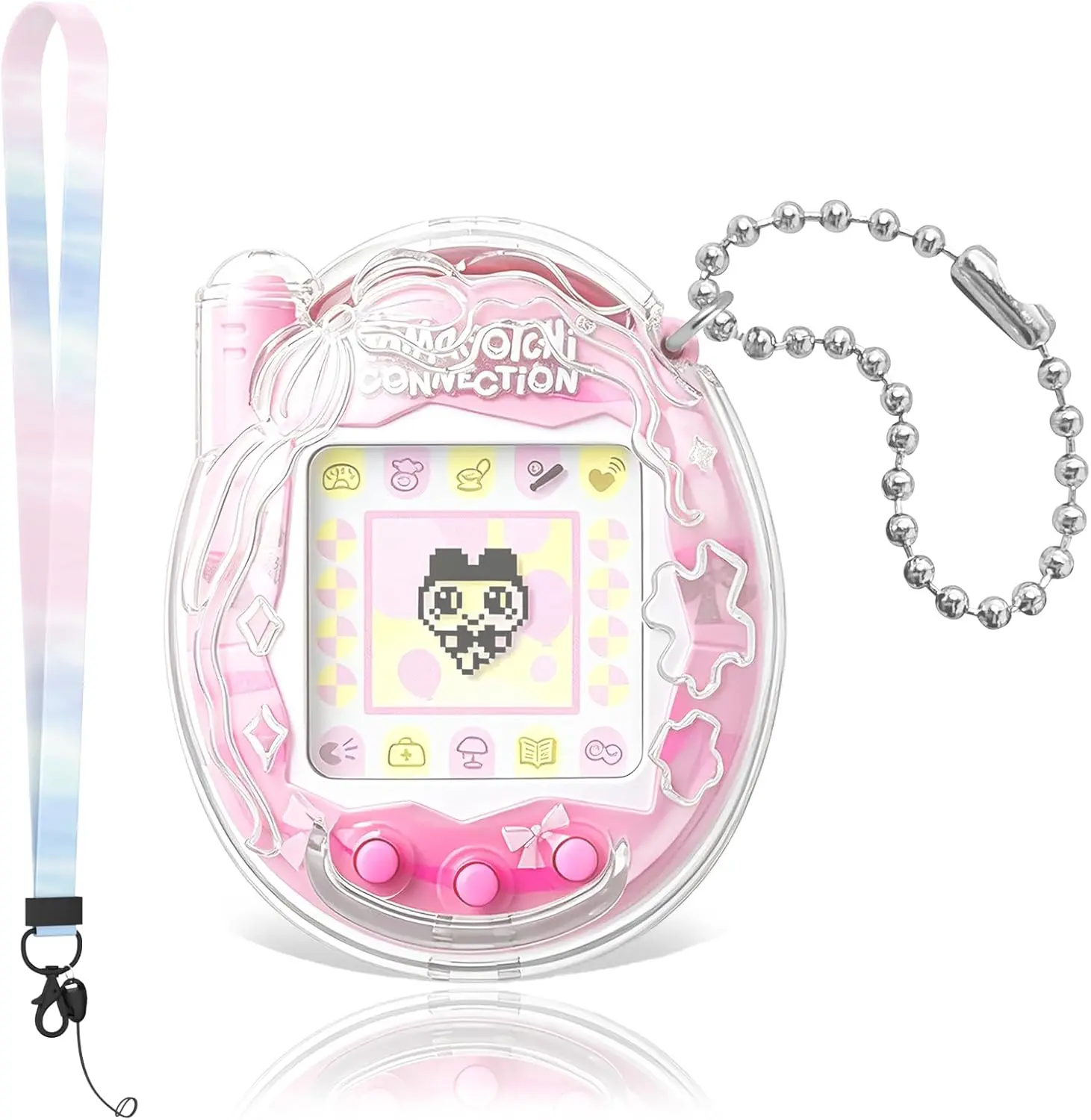 OAJ Wearable Transparent PC Protective Case for Tamagotchi Connection, 3-Piece Set with Lanyard, Chain & Tab, Compatible for Virtual Pet Owners (Children & Adults)