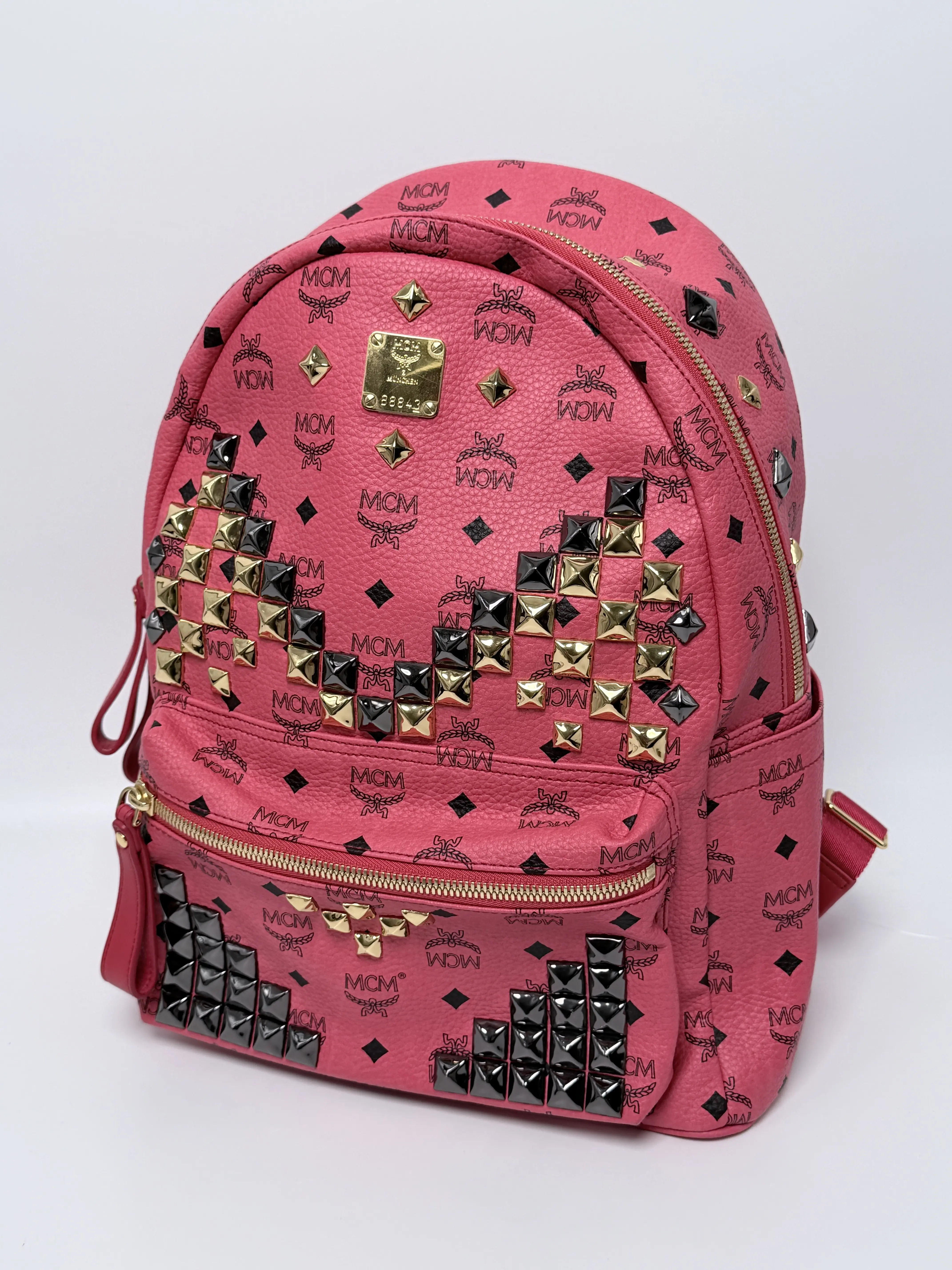 Pre-owned MCM Leather Backpacks Stark Bebe Boo Studded Visetos Monogram Backpack Pink ZS001MCM