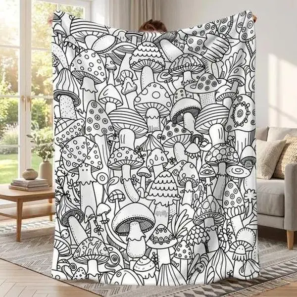 Mushroom Graffiti Coloring Blanket, 2D Flat Soft Plush Throw, All-Season Cozy Fluffy Blanket with Coloring Fun for Adults & Kids