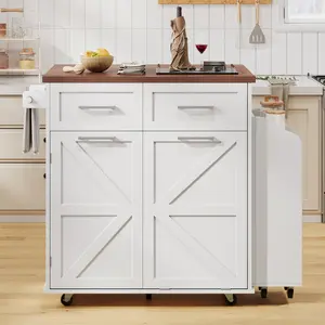 47.2" Farmhouse Kitchen Island with Drop Leaf, Kitchen Storage Island with Removable Side Racks, Two Drawers, Rolling Kitchen Cart on Wheels with Towel Rack, for Home, Kitchen, Dining Room