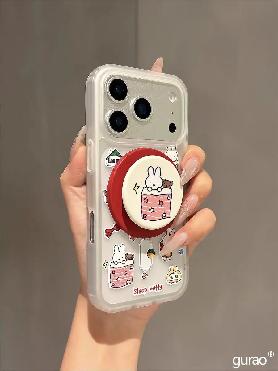 Gurao Fun Cartoon Miffy Rabbit iPhone Case for Apple Air 17promax 16pro 15 14 13 All-inclusive Anti-drop Magnetic Mobile Phone Case with Pop Socket