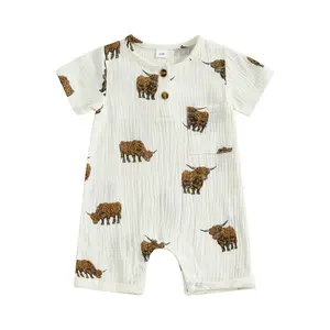 Western Baby Boy Clothes Cow Print Short Sleeve Romper Cotton Linen Bodysuit Jumpsuit Summer Farm Outfit