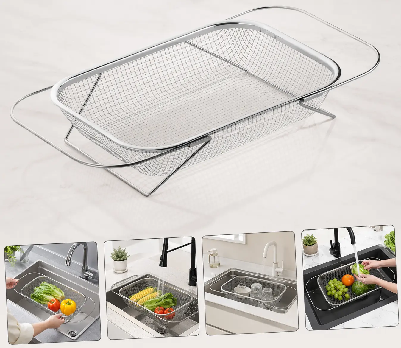Over sink colander used for produce and dish draining
